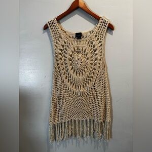 Cream Crochet Fringe Tank Top boho xl bodycon tunic crochet hippie y2k